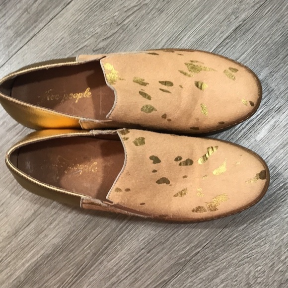 Free People Gold Metallic Splatter Pony Hair Slip On Loafers - Picture 2 of 11